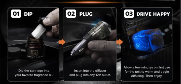Dip the cartridge, plug in the ScentWow diffuser, and drive happy